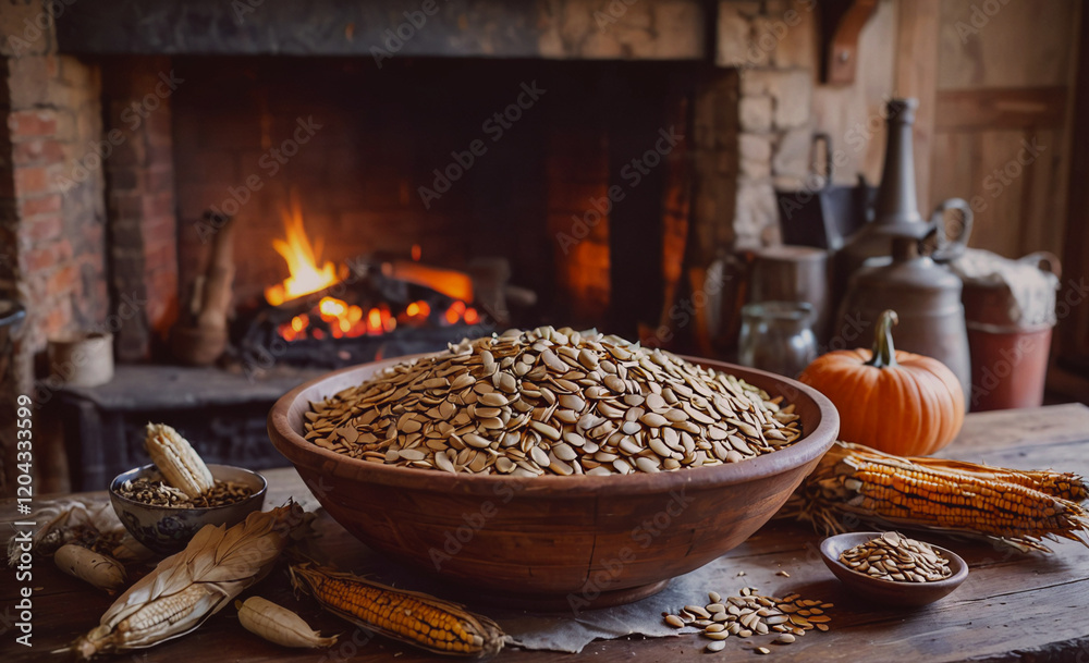 Poster a bowl of nuts sits on a table next to a fireplace and a bowl of corn. the scene is cozy and invitin