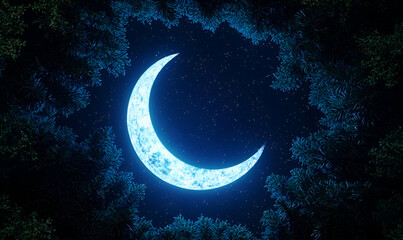 Fototapeta premium Crescent Moon and Stars Over Deep Blue Night Sky, a serene celestial scene with a luminous crescent moon amidst twinkling stars in a dark expanse.