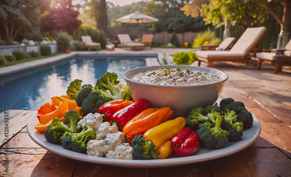 Poster a plate of vegetables and dip is on a wooden table outside. the table is surrounded by chairs and a 