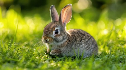 Rabbit nibbling on grass, close-up of soft fur and tiny nose, vibrant green meadow