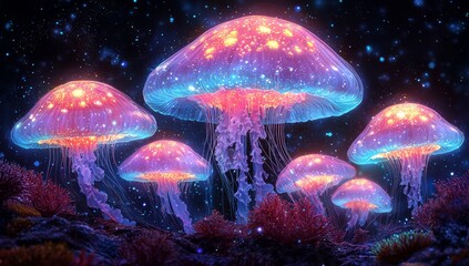 Beneath the sea, a jellyfish glows with bioluminescence, drifting among vibrant coral and various sea creatures