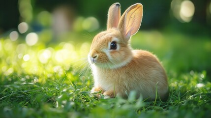 Rabbit nibbling on grass, close-up of soft fur and tiny nose, vibrant green meadow
