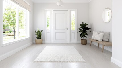 Obraz premium Modern home entryway with white door, plants, and bench