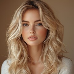 Fototapeta premium A Russian woman, softly smiling and 35 years old with blond hair, is dressed in a beige blouse on a beige background