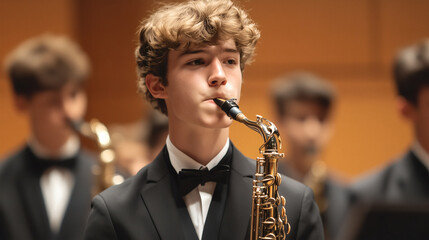 Young talented saxophonist in formal attire performing with youth orchestra during classical concert performance