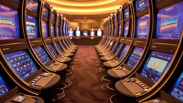 Vibrant row of modern slot machines in a lively casino environment.