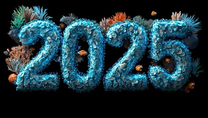 A colorful ocean reef alive with glowing fish, where 'Happy New Year 2025' is created by swirling bioluminescent beings