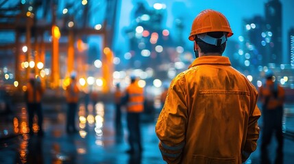 Night Shift at the Port: A lone worker contemplates the cityscape under the glow of harbor lights.