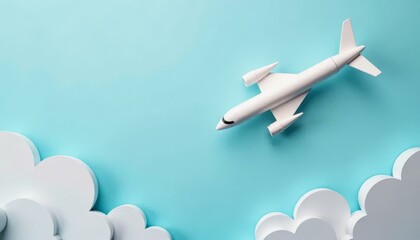 Fototapeta premium White Airplane Toy Flying Through Clouds on Blue Background_