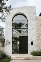 Obraz premium This contemporary architectural design showcases expansive glass windows paired with a beautifully textured stone facade, all nestled in a tranquil outdoor environment