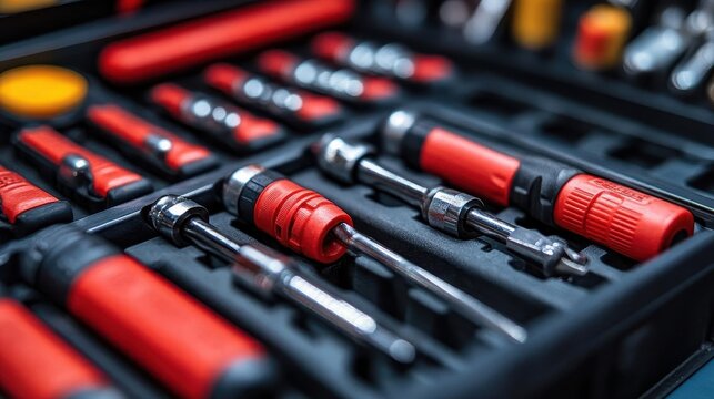 Screwdriver set in toolbox, close-up of tools neatly arranged, organized and ready for work