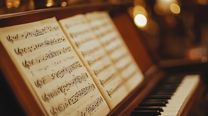 Sheet music on stand, close-up of notes and lines on crisp sheet music, soft lighting
