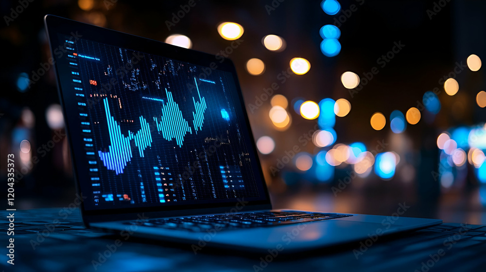 Poster digital dashboard displaying kpi metrics on a sleek laptop, vibrant graphs and data visualizations e