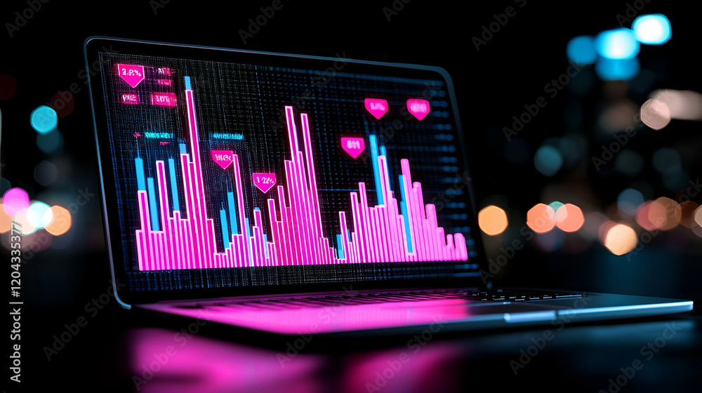 Poster digital interface showcasing kpi metrics on a laptop screen, vibrant graphs and data visualizations,