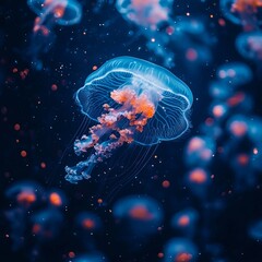 Obraz premium Serene underwater scenery features ethereal jellyfish glowing in the dark blue ocean