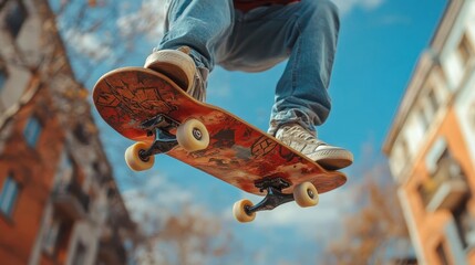 Skateboarding trick in park, close-up of skateboard in mid-air, vibrant urban backdrop