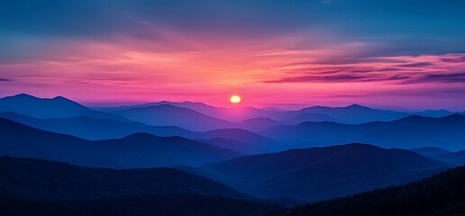 Sunset over layered mountains, pink sky, nature