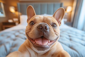dog takes a selfie in a hotel, holiday, travel,hotel room	