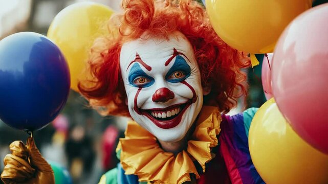 Cheerful clown holding colorful balloons with a bright smile and vibrant costume