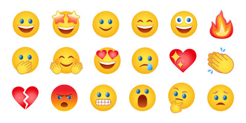 Emoticon icon set. Collection of cute social media emoticons vector with smiling, caring, sad, crying, angry, surprised faces, smiling face with heart and star eyes. Editable stroke.