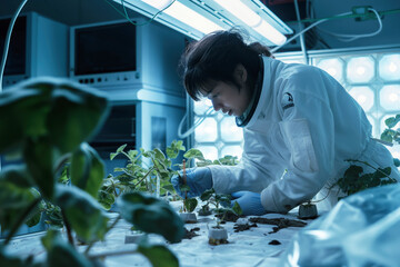 Astronaut Scientist Working with Hydroponic Plant Experiments in Lunar Space Station Laboratory Module