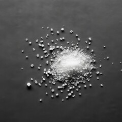 White powder substance, scattered granules, textured surface, high contrast, macro photography, overhead view, minimalist composition, pharmaceutical aesthetic, fine detail, grainy texture, scientific