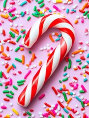 Candy Cane and Sprinkles Delight - A red and white candy cane rests on a pink background scattered with colorful sprinkles. Festive and sweet.