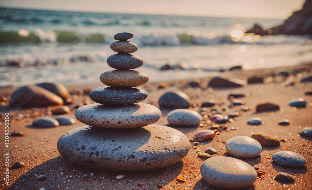 Aufkleber A stack of rocks on a beach. The rocks are of different sizes and are arranged in a pyramid shape. The scene is peaceful and serene, with the ocean in the background. The rocks seem to be a symbol of