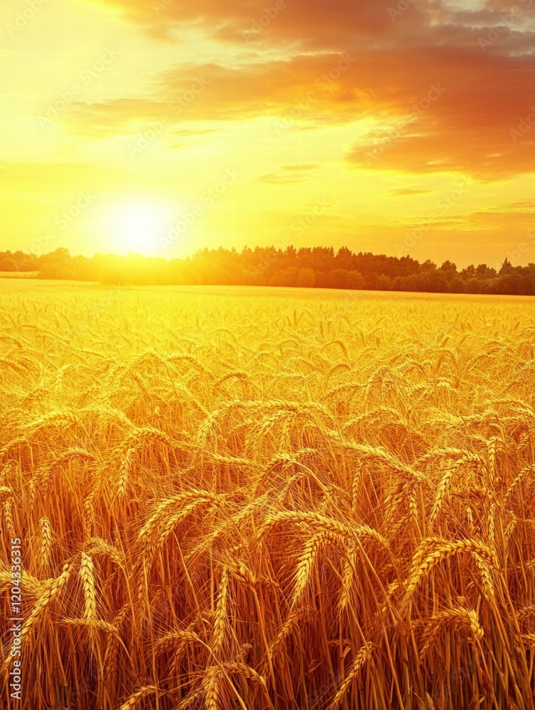 Poster Golden wheat field under a sunset sky with warm colors and a distant tree line creating a serene landscape view. Generative AI