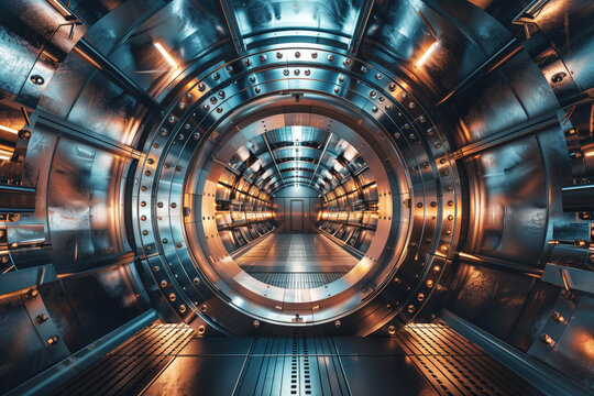 Futuristic Data Center Security Gateway with Biometric Scanning System and Glowing Server Core Behind Transparent Barriers