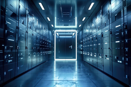 Futuristic Data Center Security Gateway with Biometric Scanning System and Glowing Server Core Behind Transparent Barriers