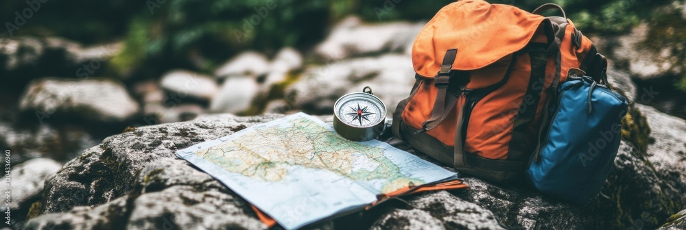 Poster adventurers tools resting on a rock with a map and compass during an outdoor exploration in nature. 