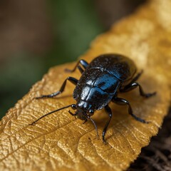 A radiant beetle crawling across a golden leaf.