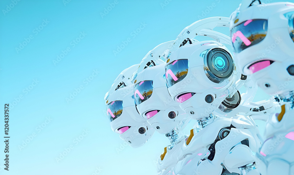 Poster robotic ensemble with headphones, a diverse gathering of robots showcasing an array of colorful head