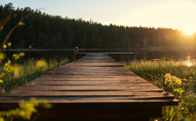 Fototapeta premium Serene lakeside wooden pier at sunset, with tranquil water and forest backdrop