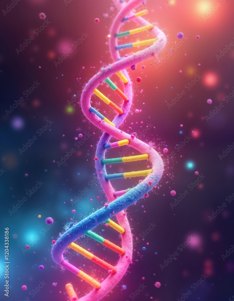 Poster multicolored dna strand spirals in vibrant abstract space. energetic genetic structure shows molecul