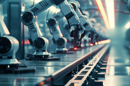 Smart Factory Assembly Line with IoT Connected Robotic Arms Manufacturing Electronic Devices in Modern Industrial Setting