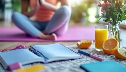 Woman meditating, notebook, pen, orange juice, and fruit on floor.