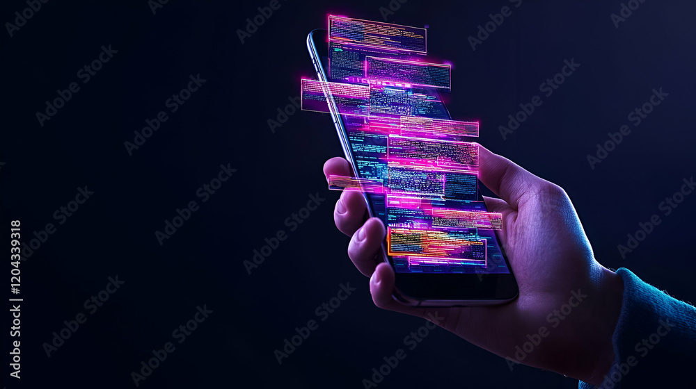 Poster smartphone interaction, a hand grips a smartphone displaying multiple chat bubbles, illustrating mod