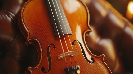 Fototapeta premium Violin and bow on chair, close-up of violin strings and bow resting, soft lighting