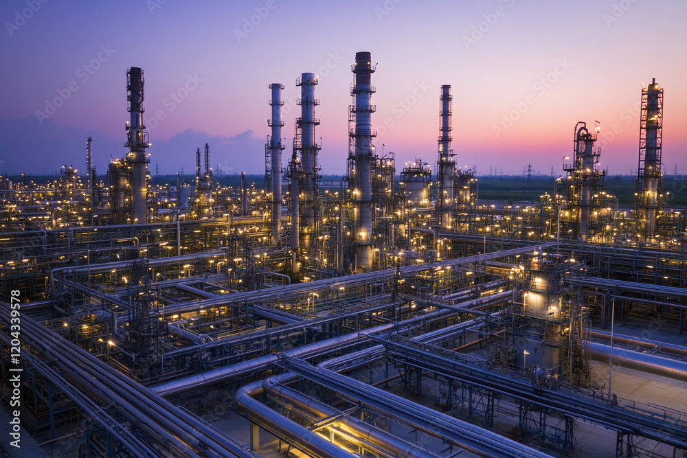 Aufkleber industrial complex illuminated at dusk with pipelines