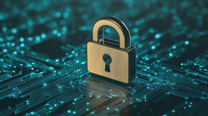 Information with source and privacy concept. Digital padlock on a glowing circuit background represents security.