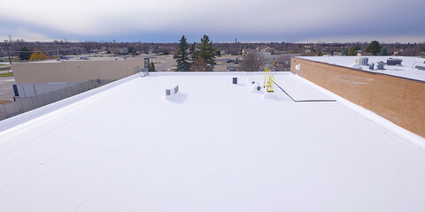 Snow-covered rooftop in a suburban area during winter