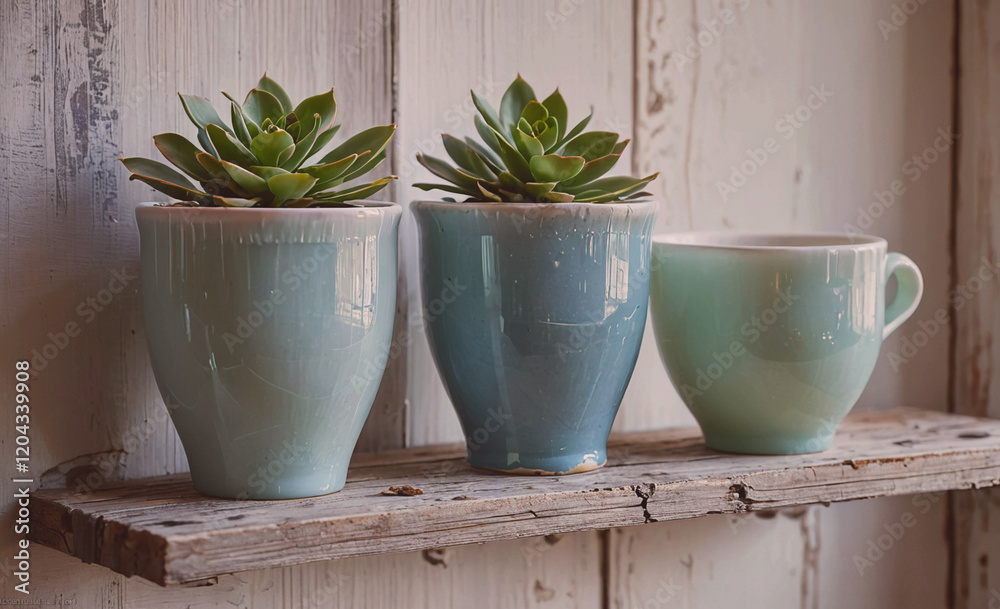 Poster three small blue and white ceramic pots with plants in them sit on a wooden shelf. the pots are arra