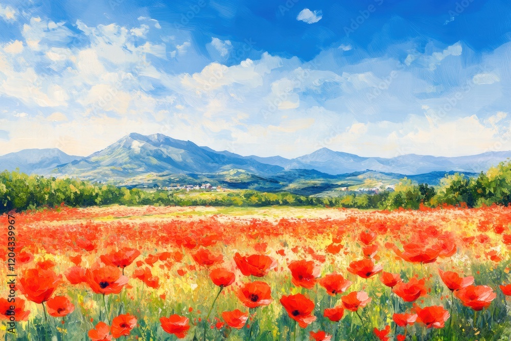 Poster vibrant poppy field under a bright blue sky with mountains in the background during sunny daylight. 