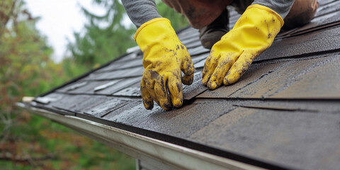 Hands working on roof shingles with yellow gloves