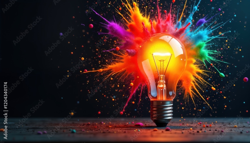 Poster colorful light bulb explodes with vibrant splashes. creative thinking bursts with colorful energy. i