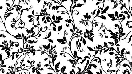 Fototapeta premium Seamless pattern of elegant black and white floral pattern with curved vines and leaves
