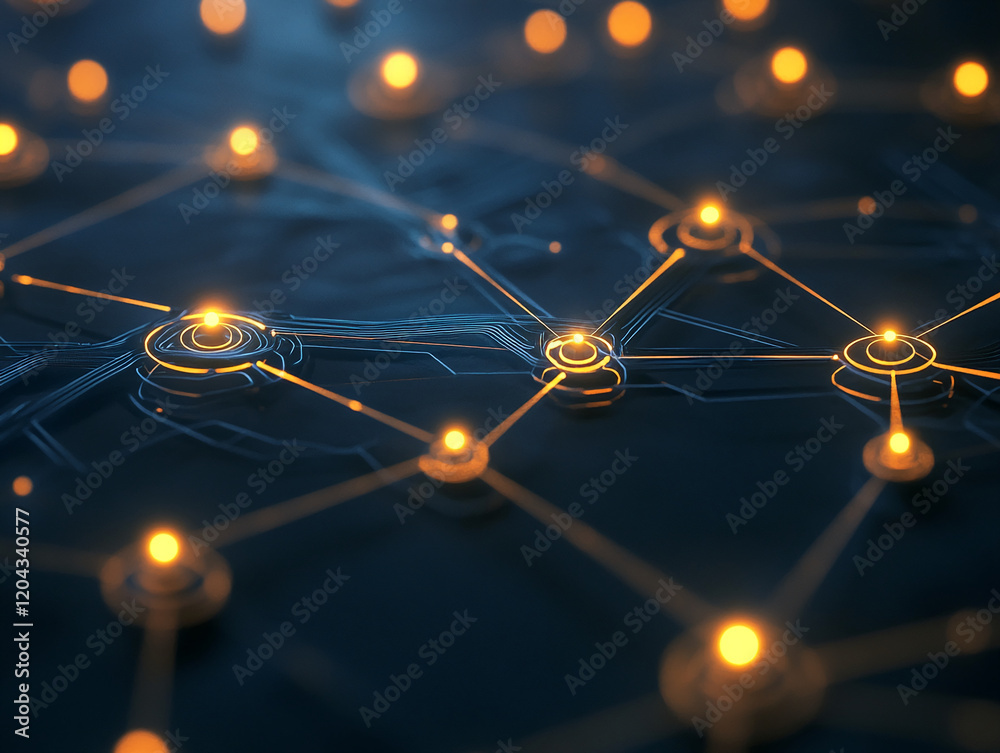 Poster Abstract network of glowing lights and connected lines in a futuristic digital environment