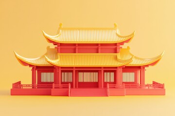 Chinese Palace，3D icon,red and yellow，clay material isometric, 3D rendering, smooth ashiny! Cute girly style, realistic use of light and color